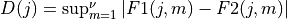 D(j) = \sup_{m=1}^{\nu} | F1(j,m) - F2(j,m) |